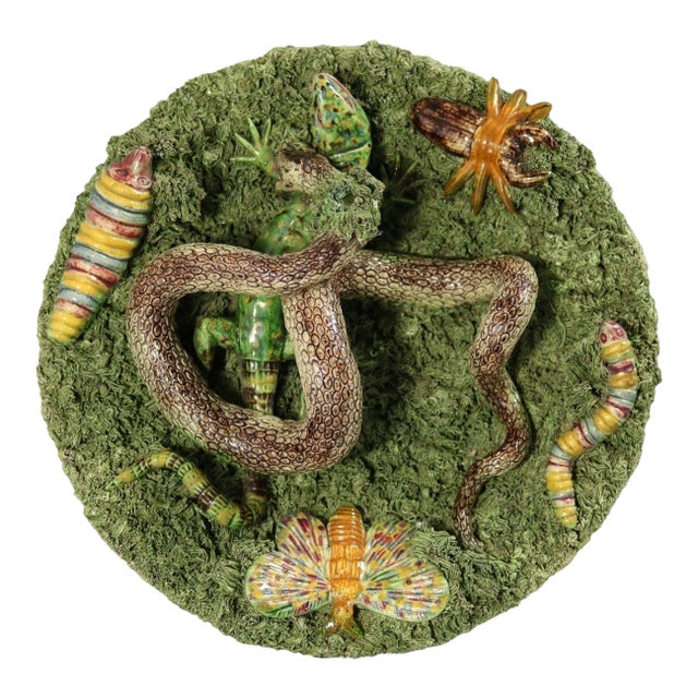 Cunha Palissy Majolica Snake and Lizard Wall Plate For Sale