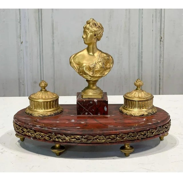 Metal Antique French Gilt Bronze Inkwell on Rouge Marble Stand For Sale - Image 7 of 7