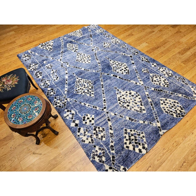 Vintage Moroccan Rug, Hand-Knotted Wool, All-Over Geometric Pattern, Blue & Ivory, 6’ X 9’ For Sale - Image 11 of 12