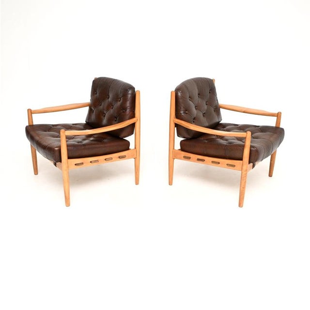 Mid-Century Modern Vintage Swedish Leather and Birch Armchairs by Ingemar Thillmark for OPE, 1960s, Set of 2 For Sale - Image 3 of 12