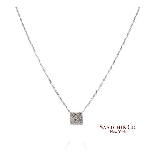 18k(750) White Gold Natural Diamond Square Shape Pendant Necklace With Chain For Sale