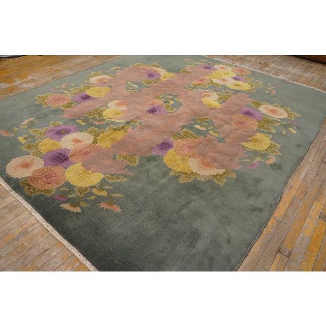 Art Deco 1920s Green Floral Modern Antique Chinese Art Deco Rug by Nichols Workshop 7'10''x9'2'' Wool Carpet For Sale - Image 3 of 12
