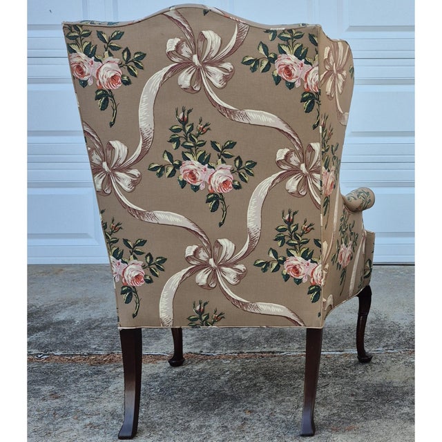 Late 20th Century Hickory Chair Cocoa Brown Rose and Ribbon Pattern Wing Back Arm Chair For Sale - Image 10 of 13