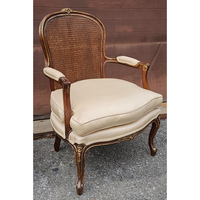 Late 20th Century Late 20th Century Pair Century Furniture Lpuis XV Style Walnut Cane Back and Upholstered Fauteuils For Sale - Image 5 of 12