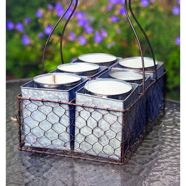 1970s Rustic French Farmhouse Handled Chicken Wire Basket/Caddy With (6) Galvanized Metal Inserts For Sale - Image 4 of 10