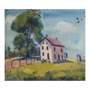 Early 20th Century Distressed Farmhouse Landscape Painting