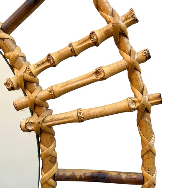 Vintage French Round Rattan Mirror, 1950s For Sale - Image 4 of 7