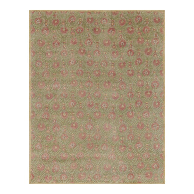 Rug & Kilim’s Block Print Rug in Green With Rose Pink Floral Patterns For Sale