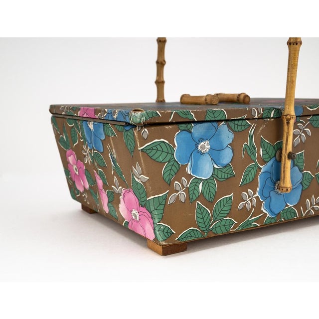 Mid-Century Sewing Basket with Bamboo Handle & Floral Decor, 1970s For Sale - Image 18 of 18
