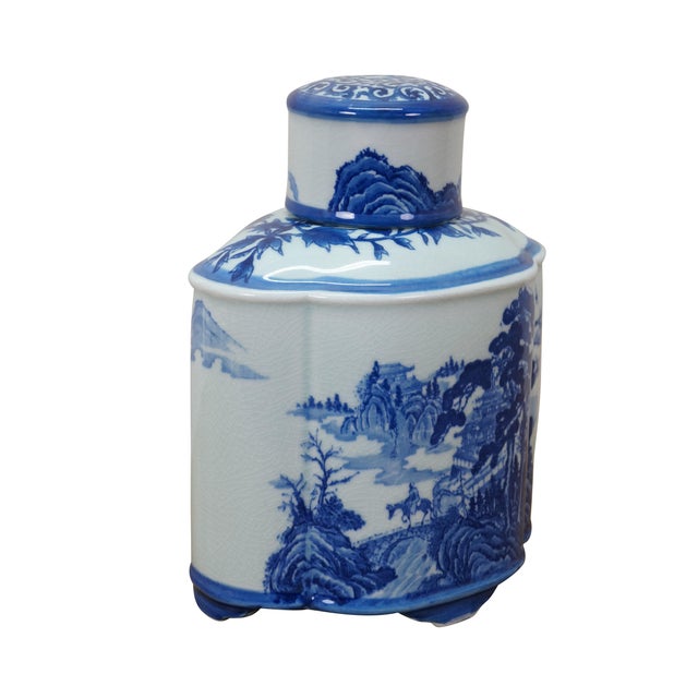 Large antique Chinese export blue and white porcelain tea caddy / ginger jar / decanter featuring hand-painted mountain...
