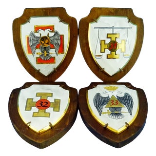 20th Century Heraldic Plaques in Ceramic on Wood by Antonella Salemi for Freemasonry Scottish Rite, 1970s, Set of 4 For Sale