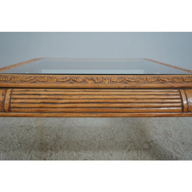 Glass & Carved Wood Square Cocktail Coffee Table For Sale - Image 9 of 14