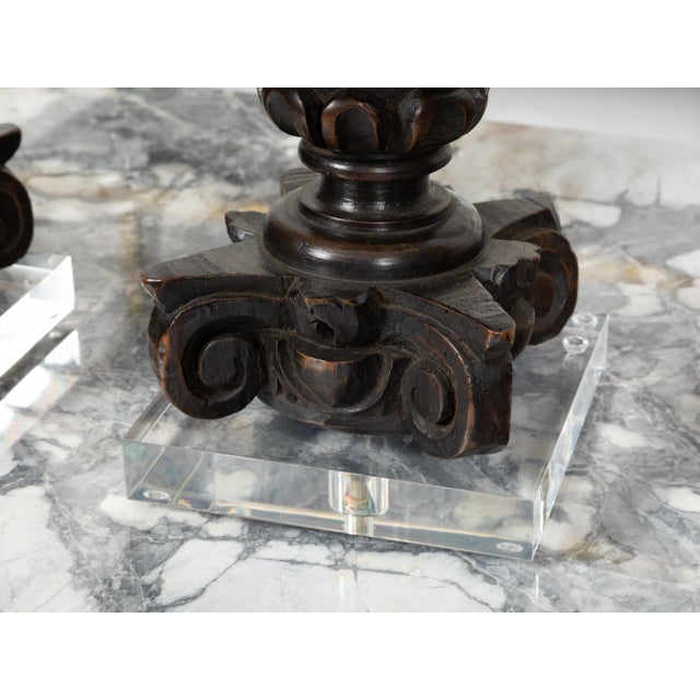Brown Pair of 19th Century Carved Wooden Italian Pot à Feu Sculptures on Lucite Bases For Sale - Image 8 of 8