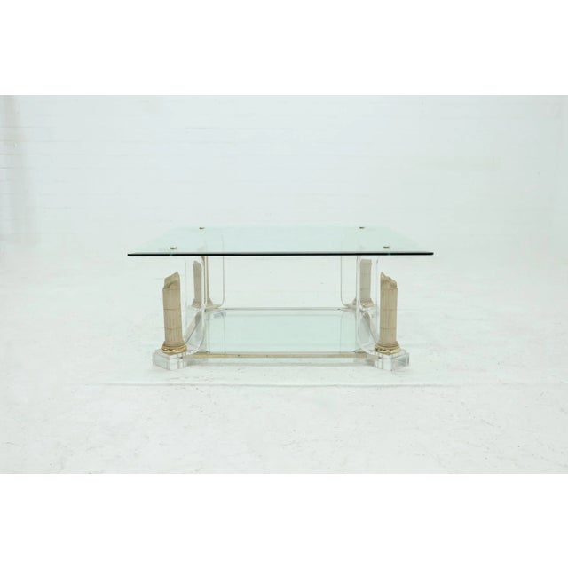 Beige Acrylic Glass & Glass 2-Tier Pedestal Coffee Table, 1980s For Sale - Image 8 of 9