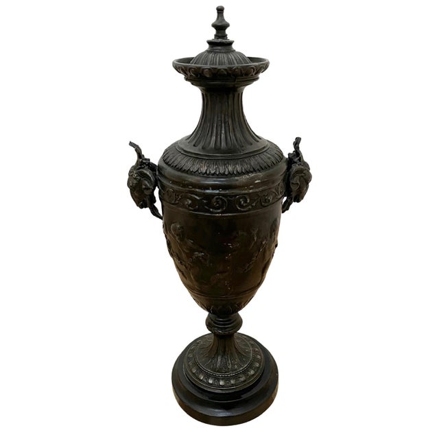 1940s 1940 French Black Spelter Ram Head Handles Urn For Sale - Image 5 of 8