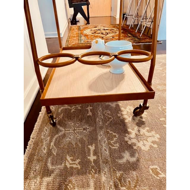Brass Arteriors Bar Cart - Brand New - Cognac Leather, Blonde Oak & Antiqued Brass For Sale - Image 8 of 8
