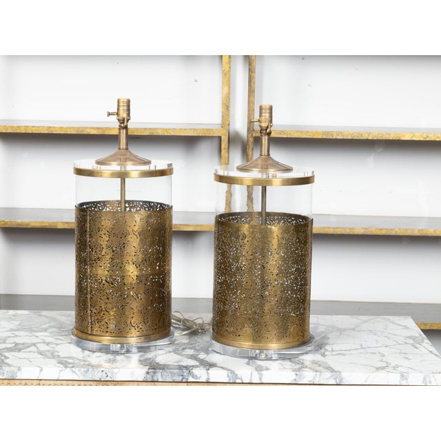 Late 20th Century Vintage English Brass and Glass Lamps with Openwork Motifs on Lucite - a Pair For Sale - Image 5 of 9