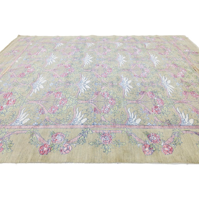 Textile Modern Art Nouveau Inspired Floral Wool Area Rug in Pastel Sage and Rose Pink For Sale - Image 7 of 11