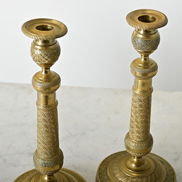 French Pair of 19th Century Empire Brass Candlesticks For Sale - Image 10 of 12