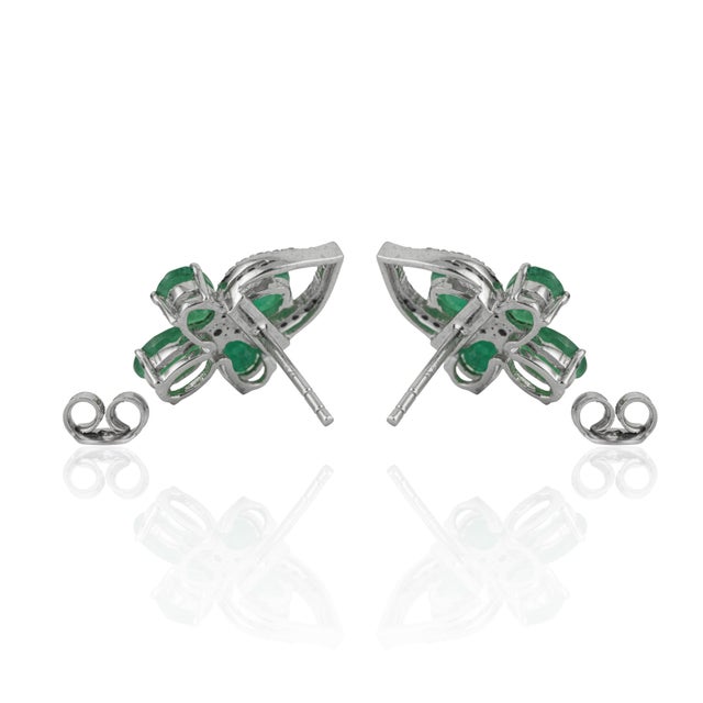 Metal 4.22 Ct Natural Pear Emerald & Diamond Floral Cluster Stud Earrings in 925 Silver, a Pair For Sale - Image 7 of 12
