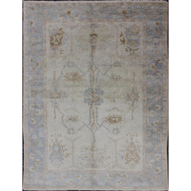 White Muted Oushak Rug in Blue, Light Brown, and White For Sale - Image 8 of 8