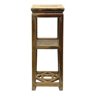 Vintage Patina Square Slim Wood Pedestal Display Stand Side Table For Sale