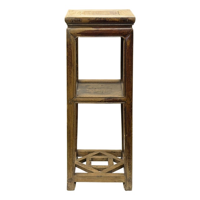 Vintage Patina Square Slim Wood Pedestal Display Stand Side Table For Sale