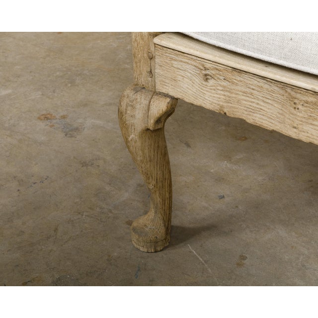 English 19th Century Oak Bench with Carved Back, Downswept Arms and Cushion For Sale - Image 11 of 12