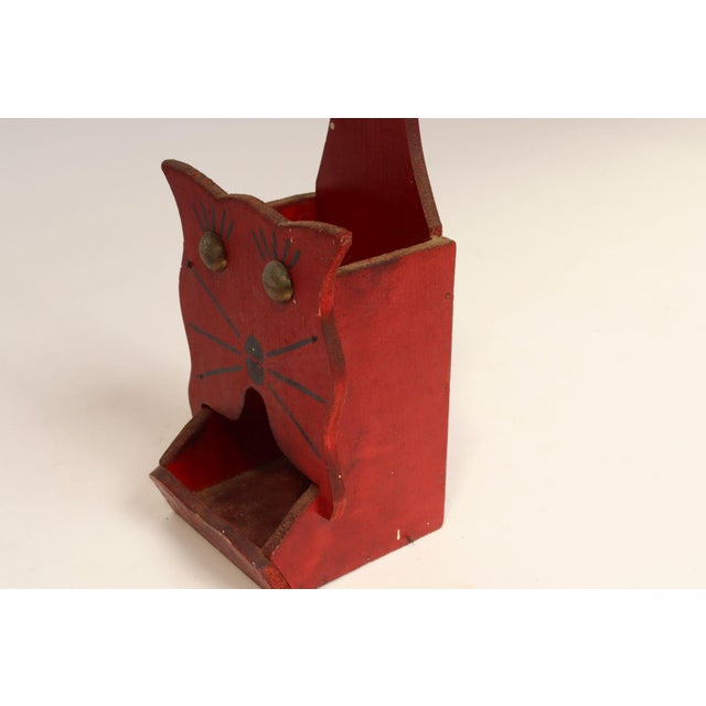 Vintage Folk Art Carved "Cat" Hand-Painted Red and Black Wooden Matchbook Holder For Sale - Image 9 of 13