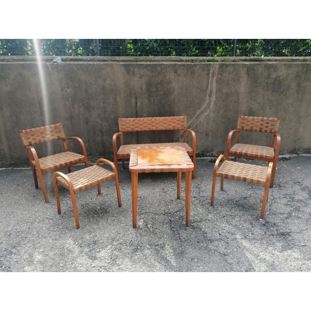 Living Room Set in Curved Wood and Rope in the style of Giuseppe Pagan, 1940s, Set of 6, in Very Good conditions. Designed...