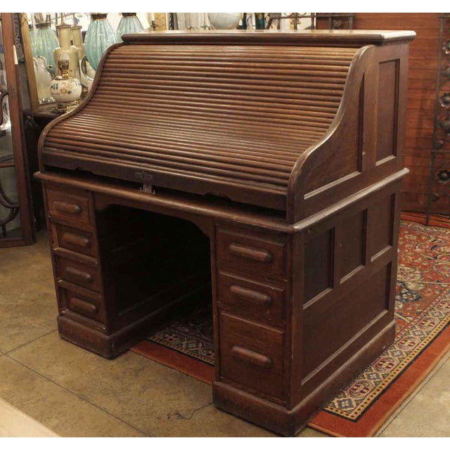 20th Century Traditional Oak Wooden Roll Top Desk | Chairish