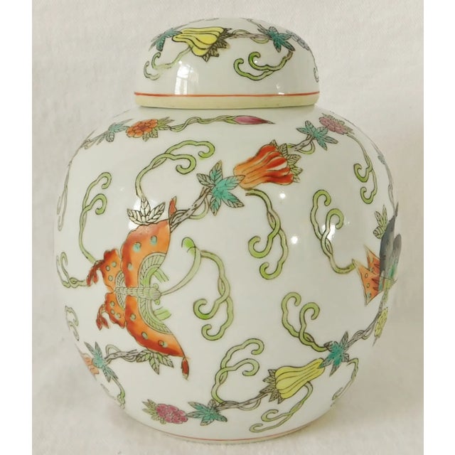 Vintage Mid Century Chinese Hand Painted Porcelain Butterfly & Floral Ginger Jar For Sale - Image 4 of 10