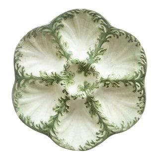 Antique French Saint Clement Luneville Majolica Green Seaweed Oyster Plate, Circa 1900 For Sale