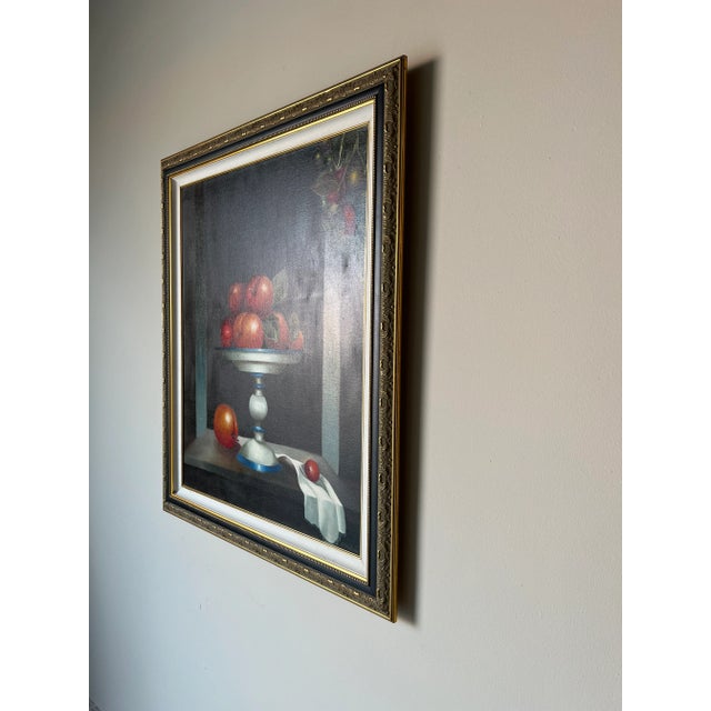 80's Carlos A. Cadavid " Window With Fruits " Oil on Canvas Painting, Framed For Sale - Image 4 of 12