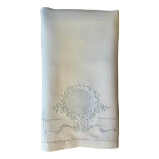 Vintage Heirloom Linen Guest Towel with Hand Drawn Thread Medallion and Blue Embroidery, Single European Fingertip Towel For Sale