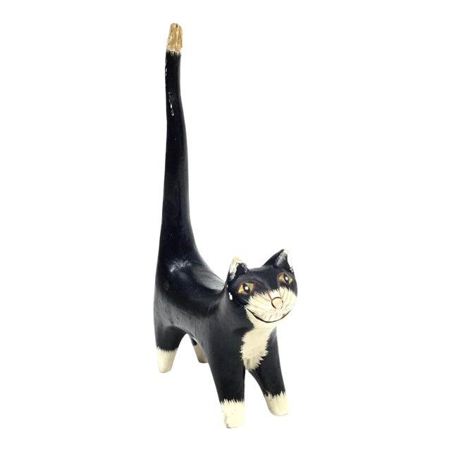 Antique Wood Folk Art Kitty Cat Carved Figurine For Sale