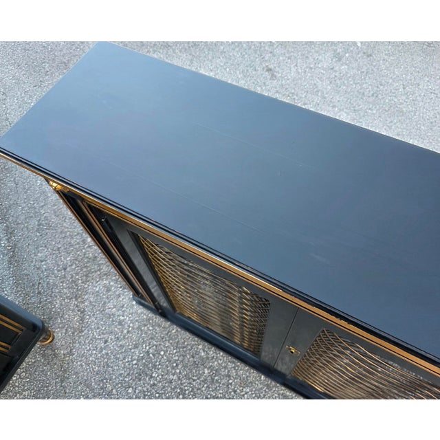 Wood Pair of Baker Furniture Neoclassical Black Lacquer and Gilt Cabinets With Decorative Wire-Mesh Grille Doors, Late 20th Century For Sale - Image 7 of 17