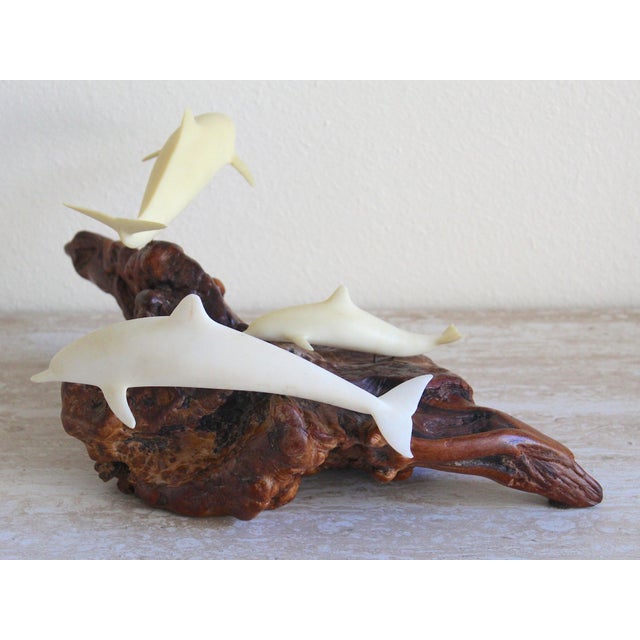 Brown Vintage John Perry Dolphin Pod Sculpture on Natural Burlwood Base – 14" For Sale - Image 8 of 12