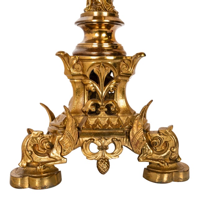 Large Antique French Gilt Bronze Gothic Altar Jesus Statue Griffin Candlestick For Sale - Image 10 of 10