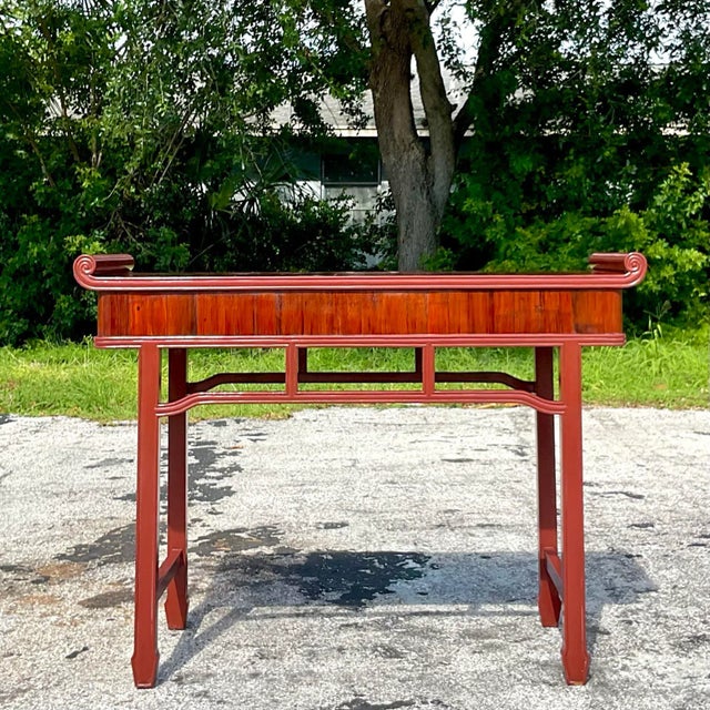 A fabulous vintage Boho console table. A chic Pagoda style with a reclaimed wood frame. A deep wine color in a gloss...