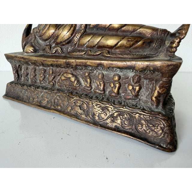 Vintage Asian Reclining Buddha Bronze Sculpture With Ornate Relief Base For Sale In Miami - Image 6 of 12
