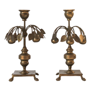 Vintage Mottahedeh Brass Pear Tree Candlestick Holders - a Pair