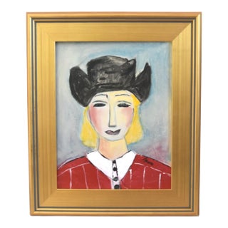 Fun Abstract Cowgirl W/ Hat Portrait Oil Painting Including the Antiqued Gold Wood Frame For Sale