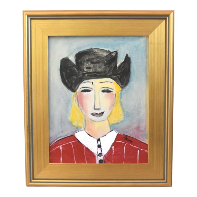 Fun Abstract Cowgirl W/ Hat Portrait Oil Painting Including the Antiqued Gold Wood Frame For Sale