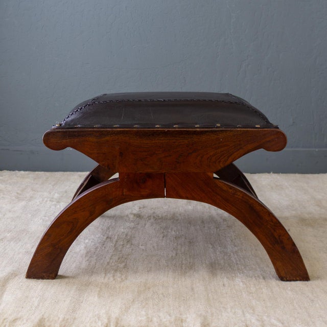 Leather and Rosewood X Frame Ottoman or Footstool With Brass Nailhead Trim For Sale - Image 6 of 13