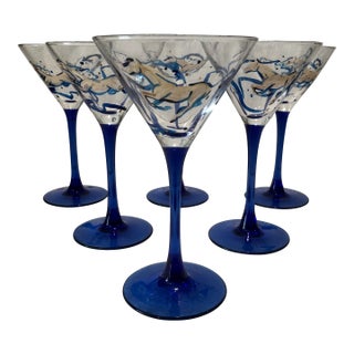 Mid Century French Blue Hand Painted Equestrian Horse Martini Glasses - Set of 6 For Sale