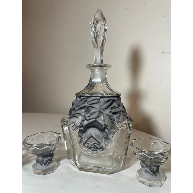 1920s Antique Clear Frosted Crystal Czech Bohemian Rose Art Deco Glass Decanter - Set of 7 For Sale - Image 5 of 12