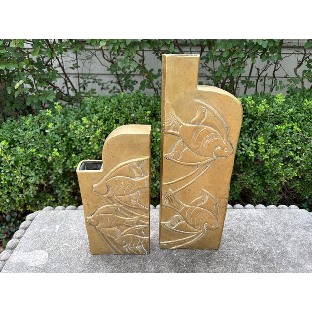 1980s 1980s Pair of Dolbi Cashier Brass Vases With Fish For Sale - Image 5 of 11