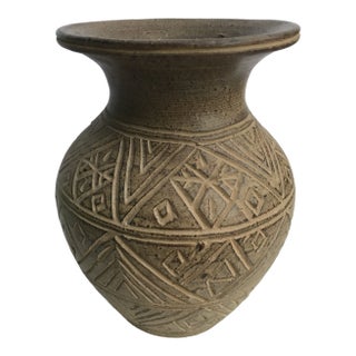Southwest-Style Intricately Carved Stoneware Vase For Sale