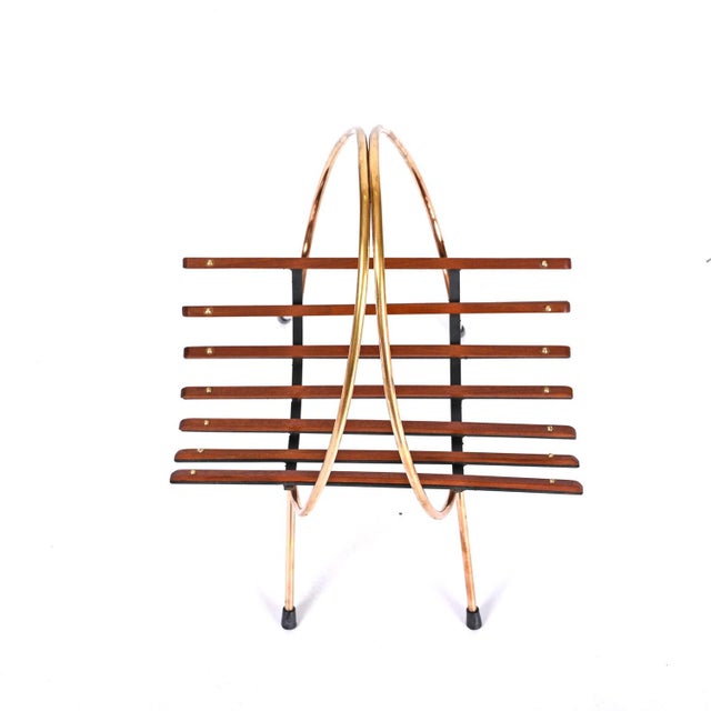 1960s Mid-Century Italian Enameled Metal, Teak and Brass Magazine Rack, 1960s For Sale - Image 5 of 16